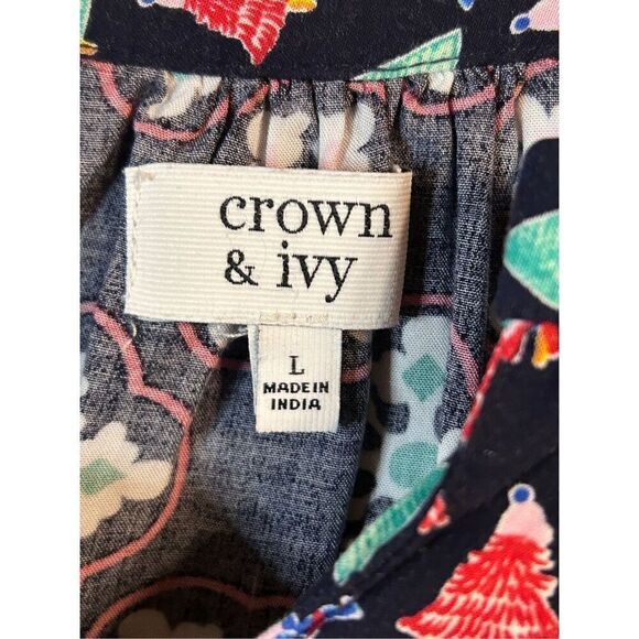 Crown & Ivy Multi Color Xmas Trees snowflakes 3/4 Sleeve Shirt Size Large (4031) - Picture 4 of 6